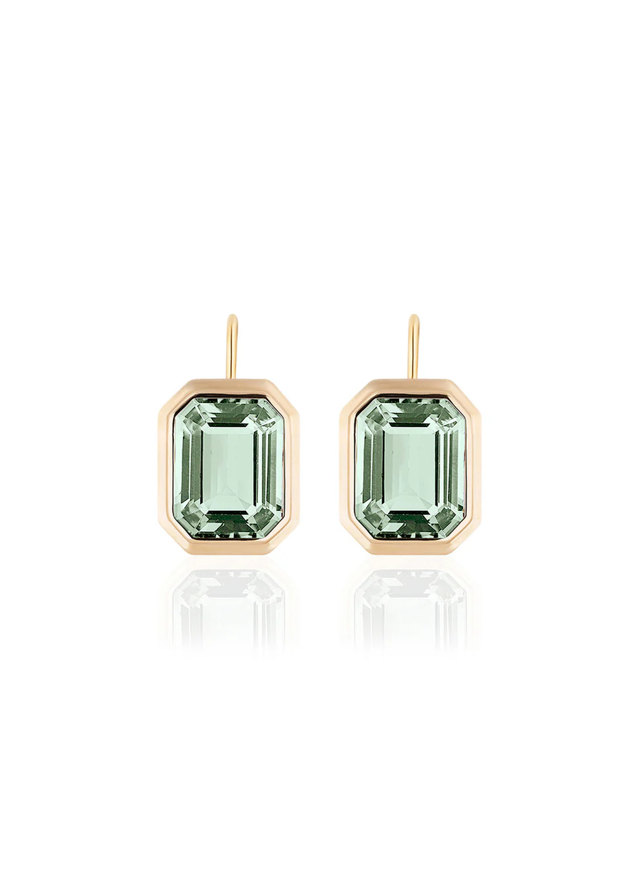 Manhattan 6.98ct Emerald Cut Prasiolite Bezel Set Drop Earrings in 18K Yellow Gold