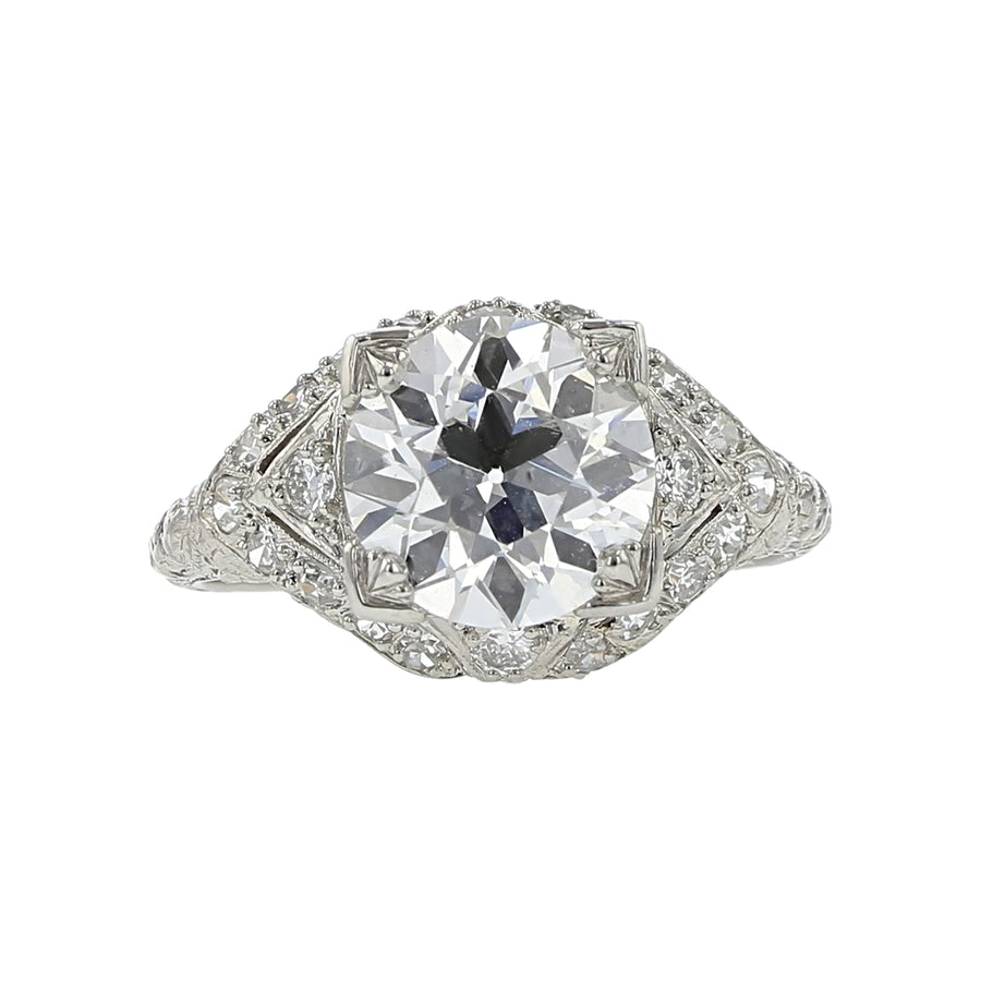 3.08ct Circular Brilliant Diamond and Single Cut Diamond Antique Filigree Ring in Platinum