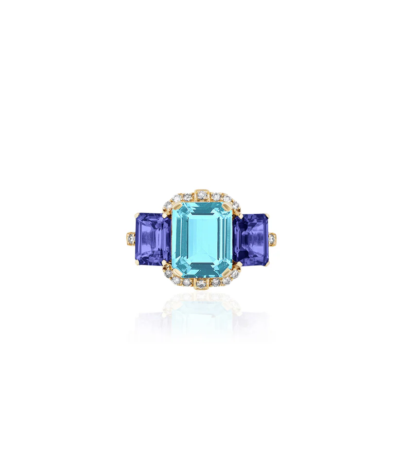Gossip 3.86ct Blue Topaz, 2.29ct Tanzanite and 0.16ct Diamond 3 Stone Ring in 18K Yellow Gold, size 7