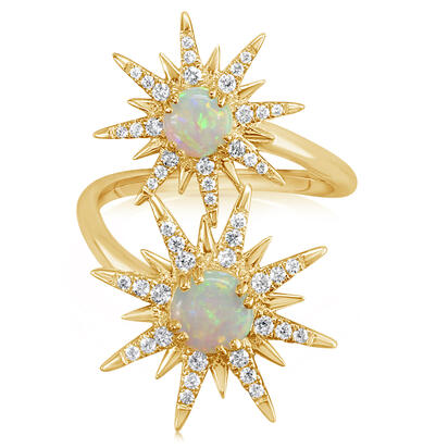 0.85ct Australian Opal and 0.34ct Diamond Star Bypass Ring in 14K Yellow Gold, Size 7