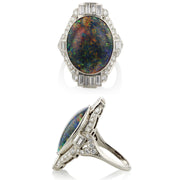 8.50ct Black Oval Opal and 1.50ct Diamond Art Deco Ring in Platinum