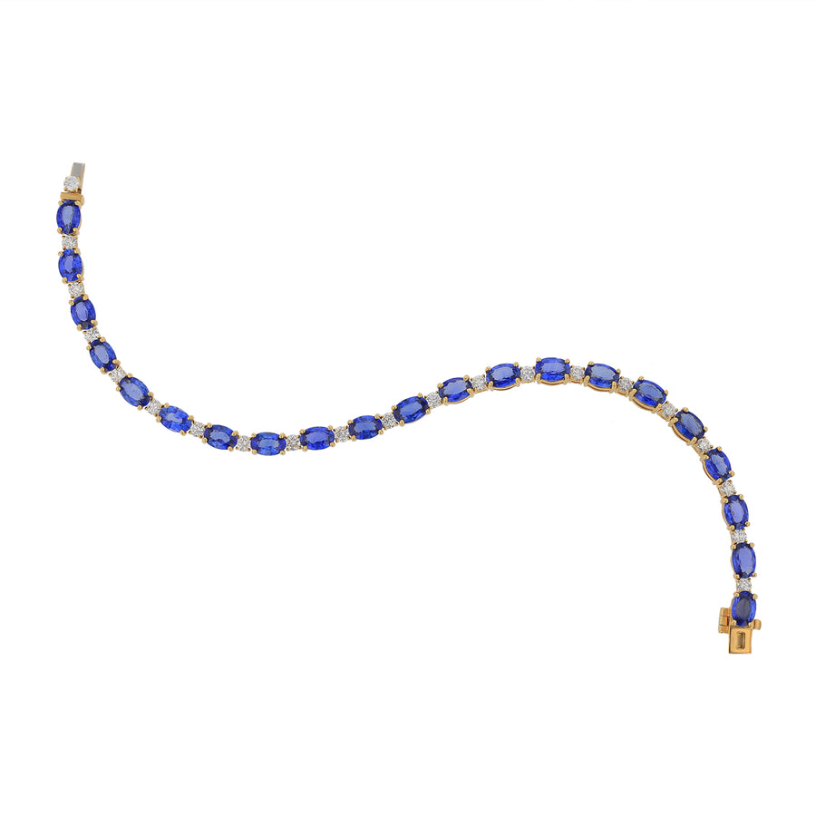12.10ct Oval Sapphire and 1.55ct Diamond Line Bracelet in 18K Yellow Gold, 7"