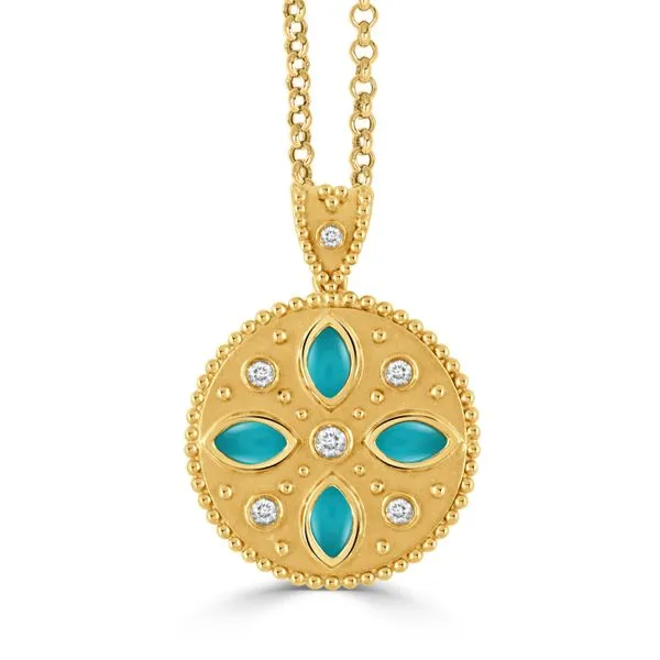 Justinian 0.17ct Diamond 1.69ct Quartz and Turquoise Doublet Patterned Pendant in 18K Yellow Gold, without chain
