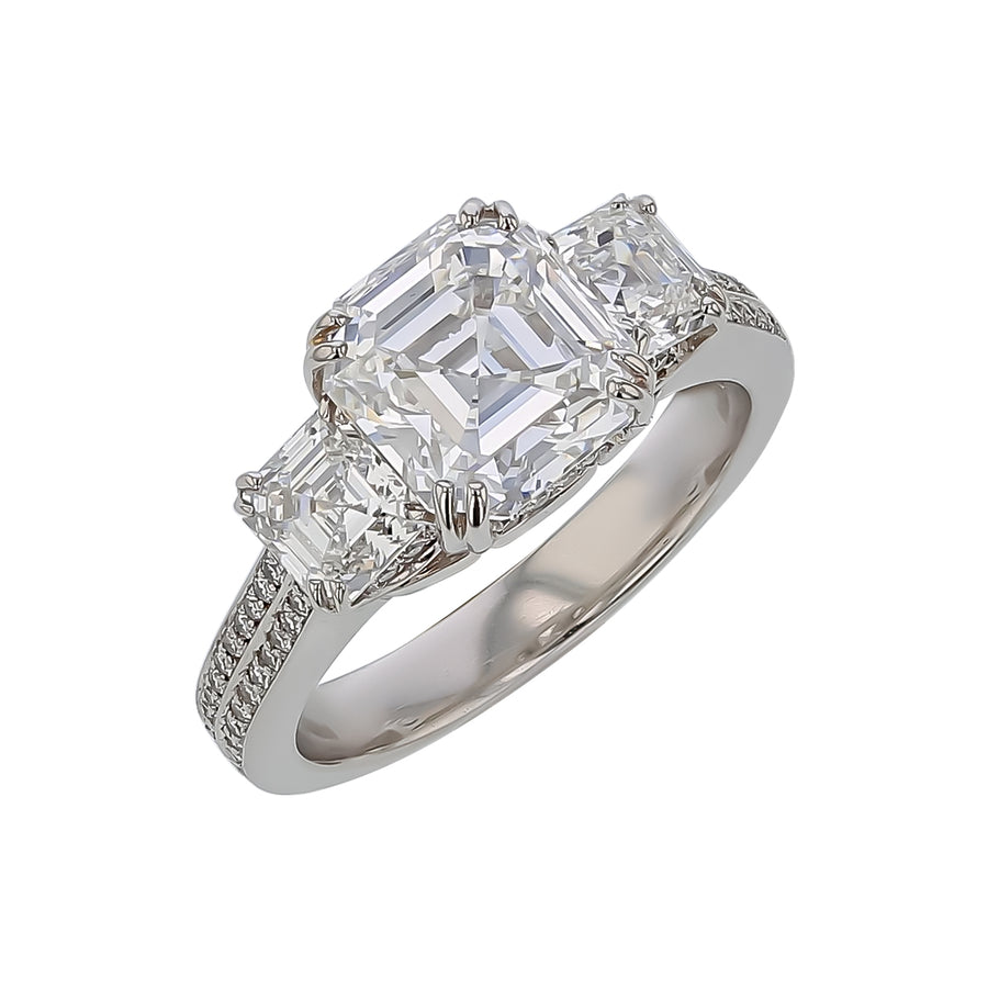 Artisan Pave 2.99ct Asher Cut Diamond, 1.31ct Asher Cut Diamond and 0.26ct Diamond 3 Stone Ring in Platinum, size 6.5