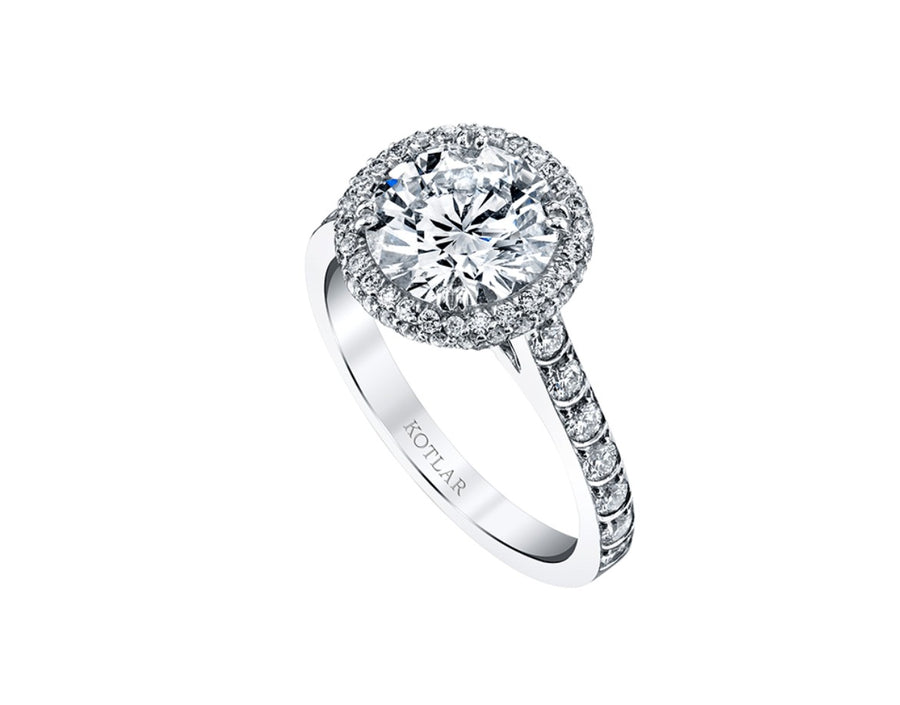 Scallop Artisan Pave 2.15ct Round Brilliant Diamond and 0.76ct Diamond Halo Ring in Platinum, size 6