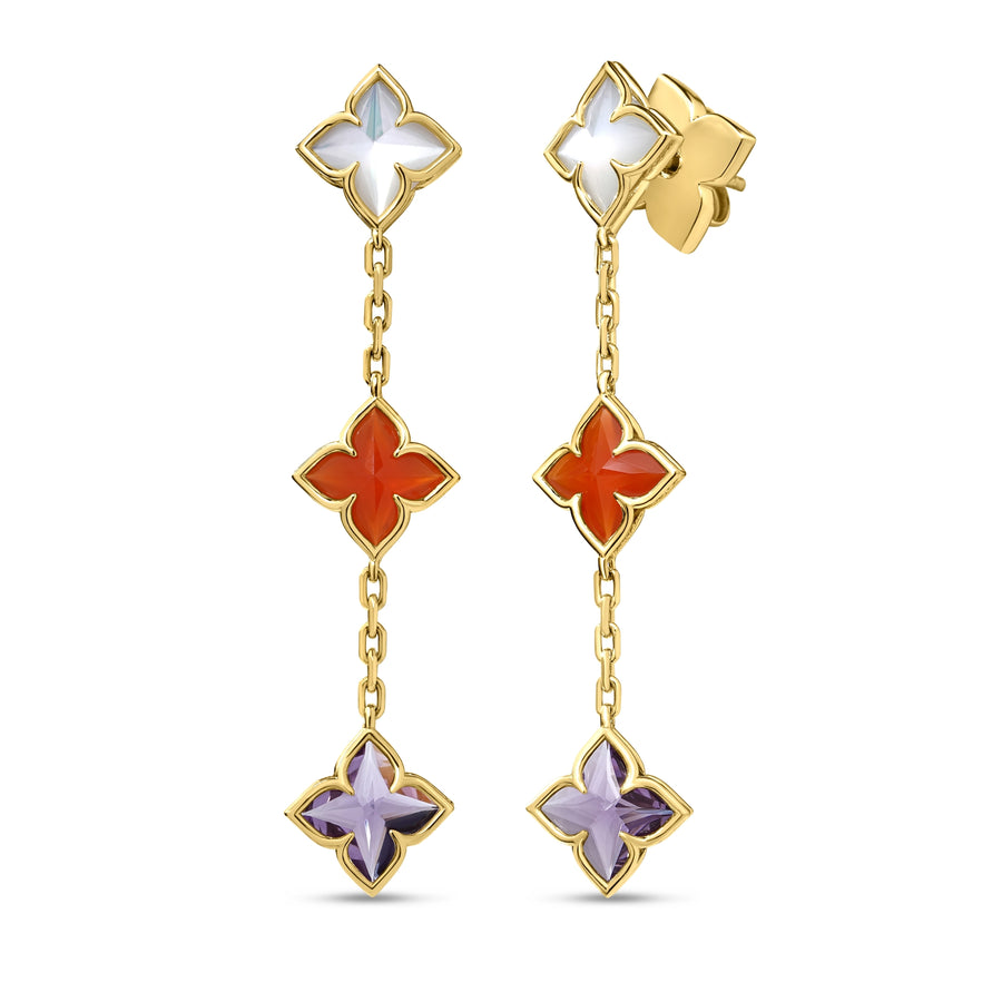 Venetian Princess Carnival Mother of Pearl, Amethyst, and Red Agate Mixed Stone Drop Earrings in 18K Yellow Gold