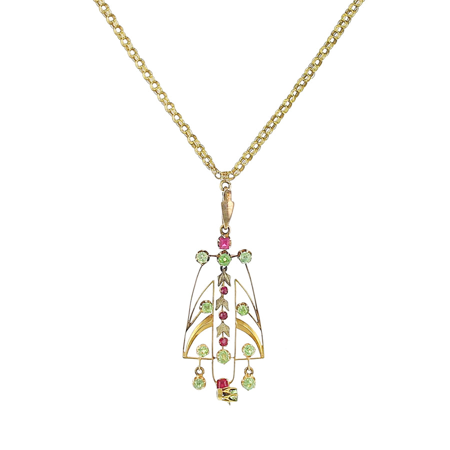 Green Demantoid and Ruby Pendant with Curb Link Chain in 14K Yellow Gold