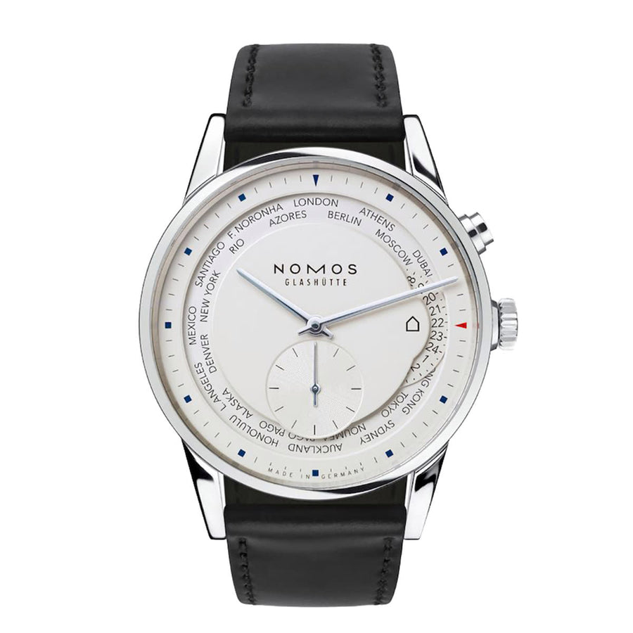 39.9mm Zurich Worldtimer Watch with White Dial in Stainless Steel, Strap