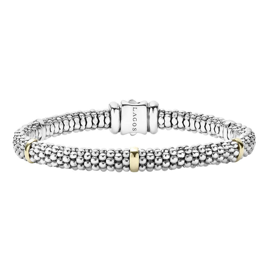 Signature Caviar 5 Station Beaded Bracelet in Sterling Silver and 18K yellow Gold, Medium