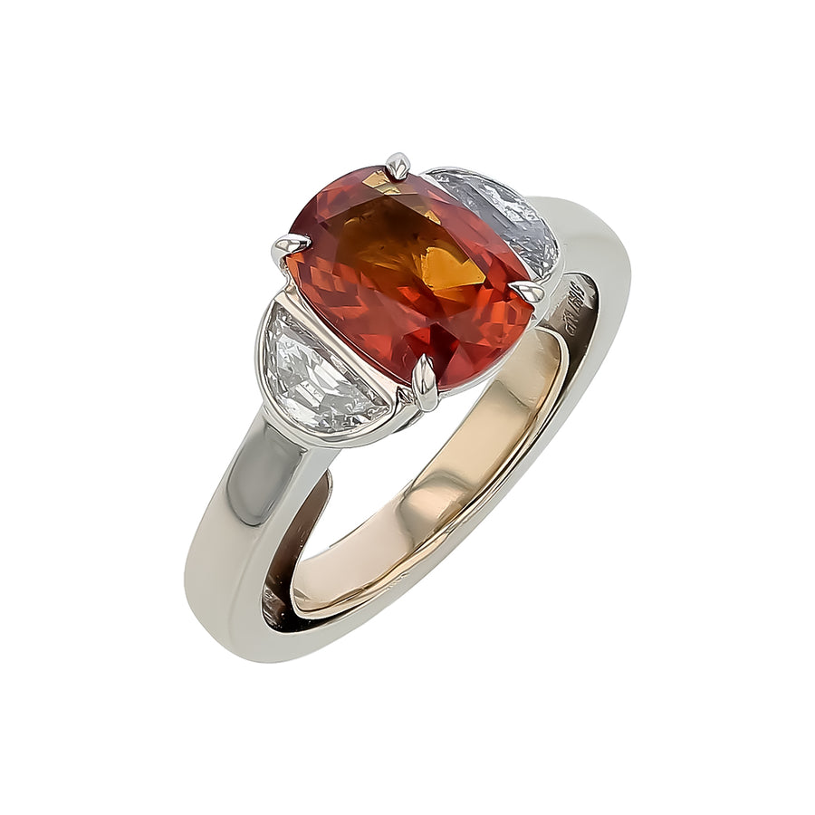2.79ct Tanzanian Orange Sapphire and 0.73ct Diamond 3 Stone Ring in Platinum, size 7