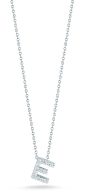 Tiny Treasures 0.06Ct Diamond Love Letter "E" Pendant on Chain in 18K White Gold, 18in