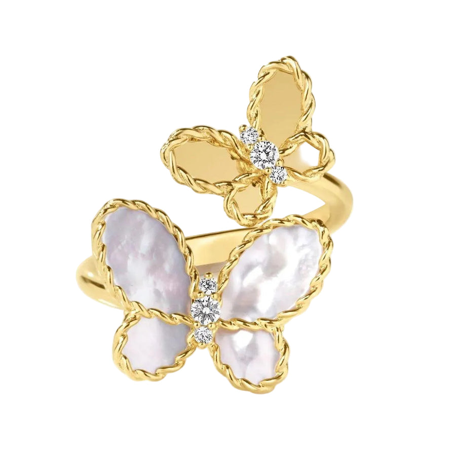 Jasmine 0.06ct Diamond and Mother of Pearl Butterfly Bypass Ring in 18K Yellow Gold, size 6.5