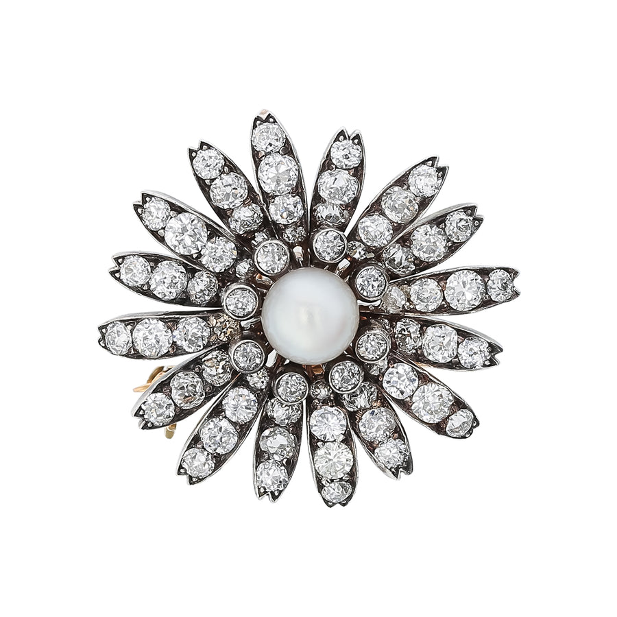 Victorian 7.5mm Cultured Pearl and 4.16ct Old European Cut Diamond Flower Pin/Pendant in 18K Yellow Gold, without chain