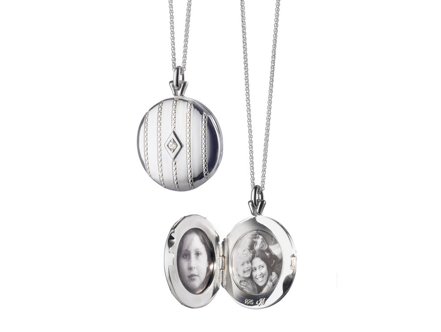 0.06Ct Diamond Beaded Stripes Locket on Chain in Sterling Silver, 30in