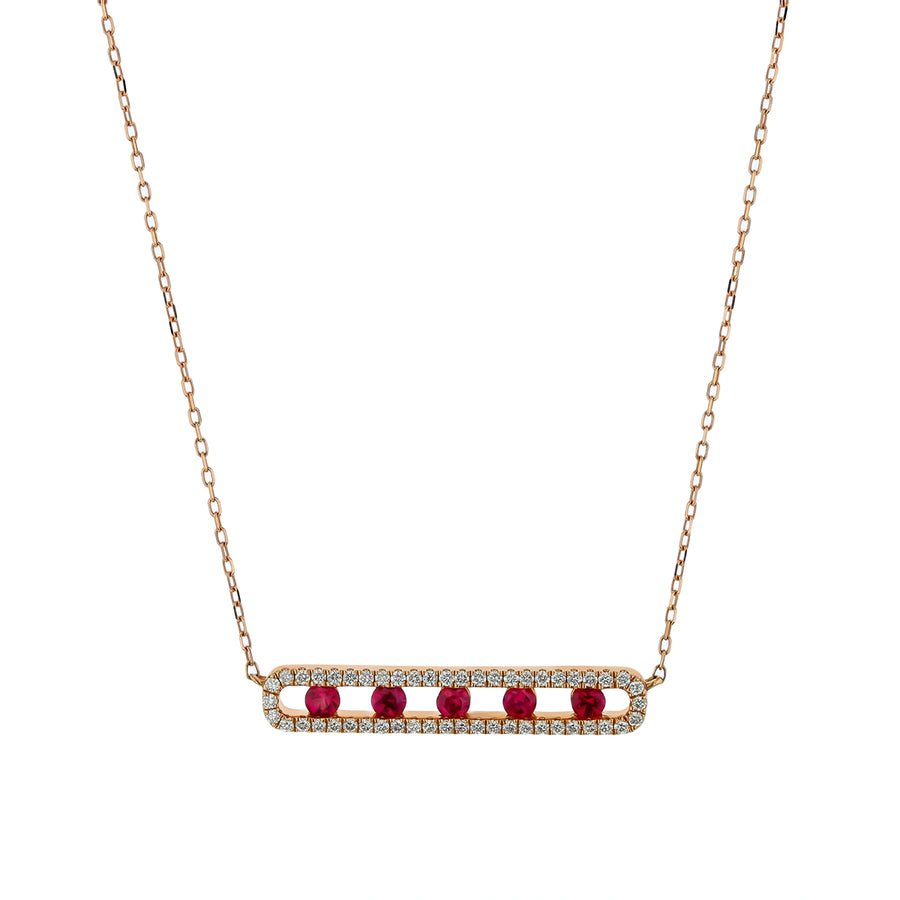 0.65ct Round Ruby and 0.42ct Diamond Bar Necklace in 14K Rose Gold, 16"