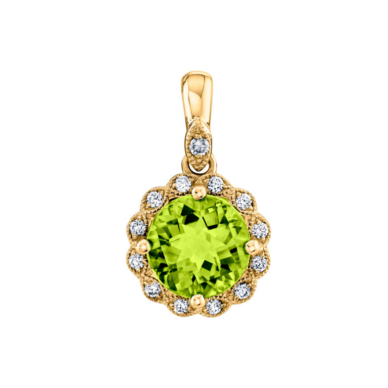 1.12ct Peridot and 0.06ct Diamond 6.5mm Halo Pendant in 14K Yellow Gold, 18" chain