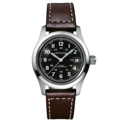 38mm Khaki Field Black Dial, Brown Strap