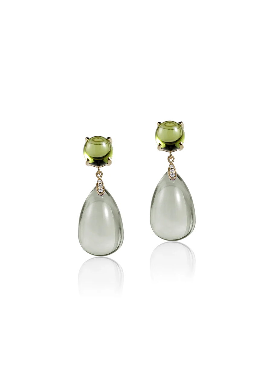Naughty 35.59ct Cabochon Prasiolite, 5.88ct Cabochon Peridot and 0.06ct Diamond Teardrop Earrings in 18K Yellow Gold