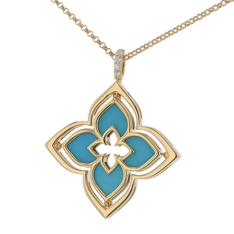 Venetian Princess 0.12ct Diamond and Stabilized Turquoise Pirouette Pendant in 18K Yellow Gold, 17" chain