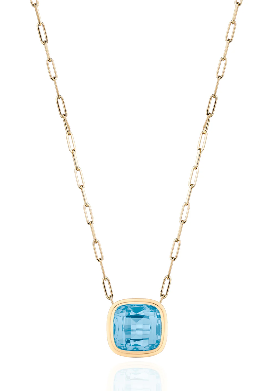 Manhattan 4.15ct Cushion Cut Blue Topaz Pendant in 18K Yellow Gold, 18" chain