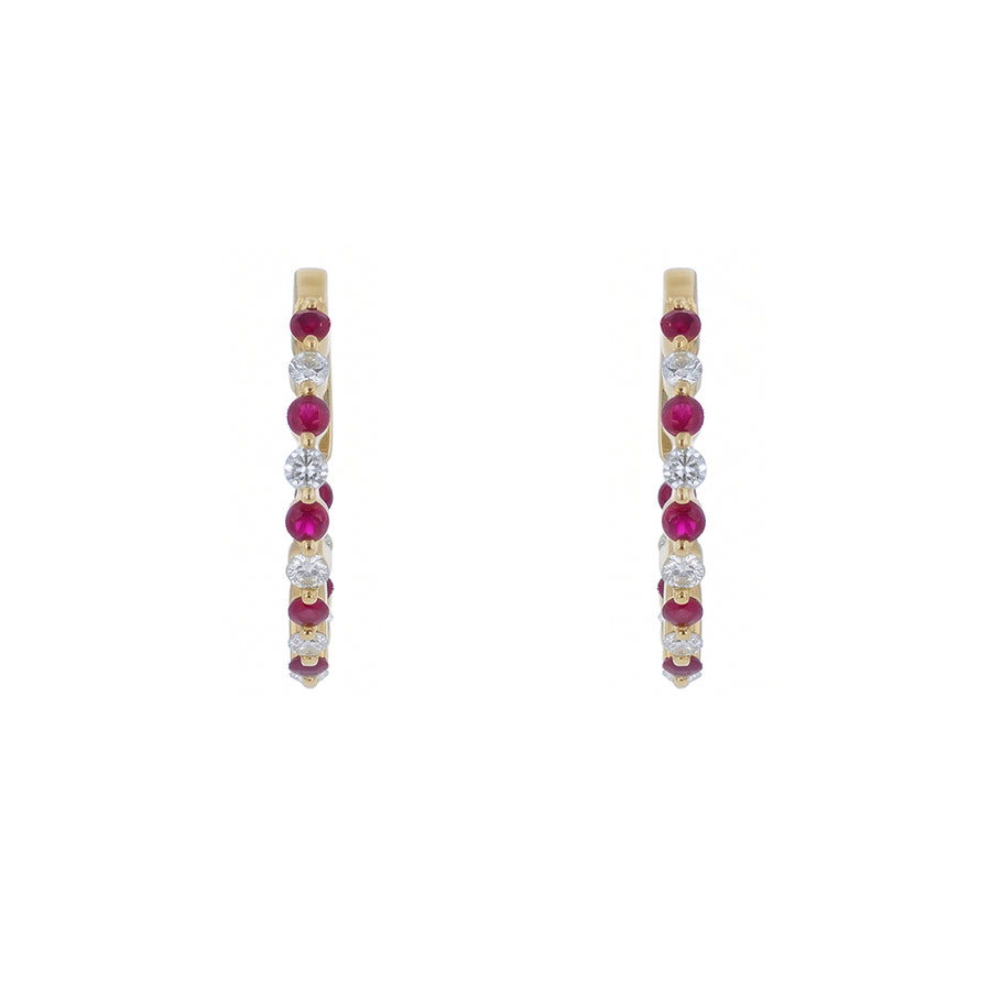 0.75ct Round Ruby and 0.50ct Diamond Hoop Earrings in 14K Yellow Gold