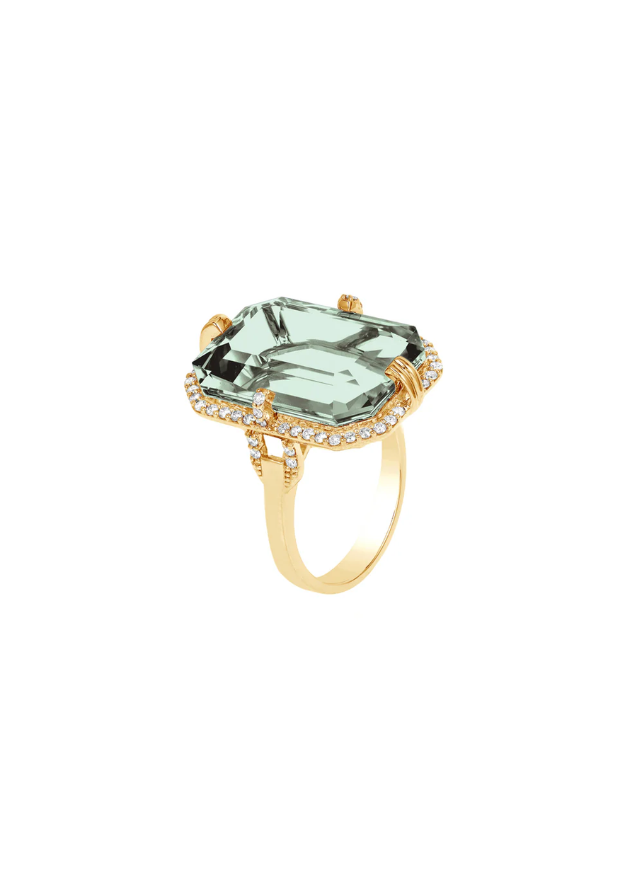 Gossip 7.40ct Emerald Cut Prasiolite and 0.31ct Round Diamond Halo Ring in 18K Yellow Gold, size 6.75