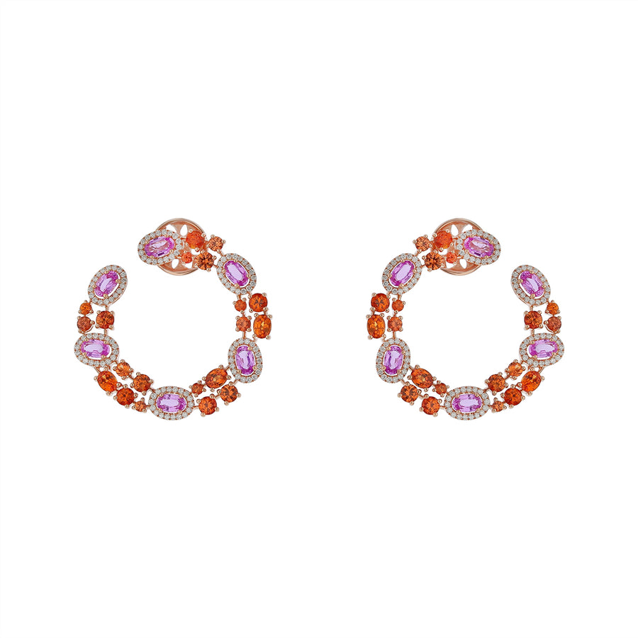 American Glamour 7.49ct Pink and Orange Sapphire and 0.78ct Diamond Hoop Earrings in 18K Rose Gold