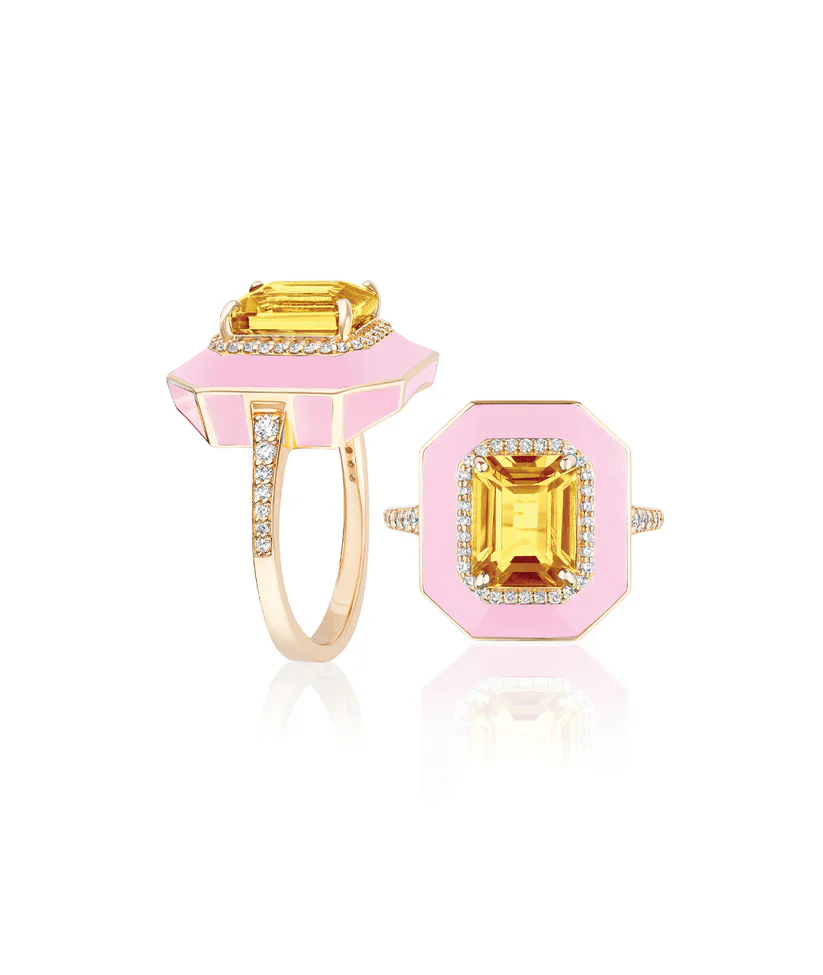 Queen 2.02ct Emerald Cut Citrine and 0.25ct Diamond Halo Ring in 18K Yellow Gold and Pink Enamel, size 7.25
