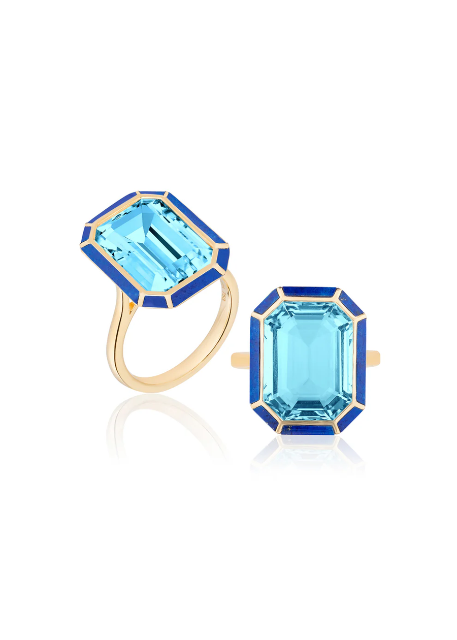 Mélange 13.24ct Emerald Cut Blue Topaz and 1.10ct Lapis Ring in 18K Yellow Gold, size 6.75