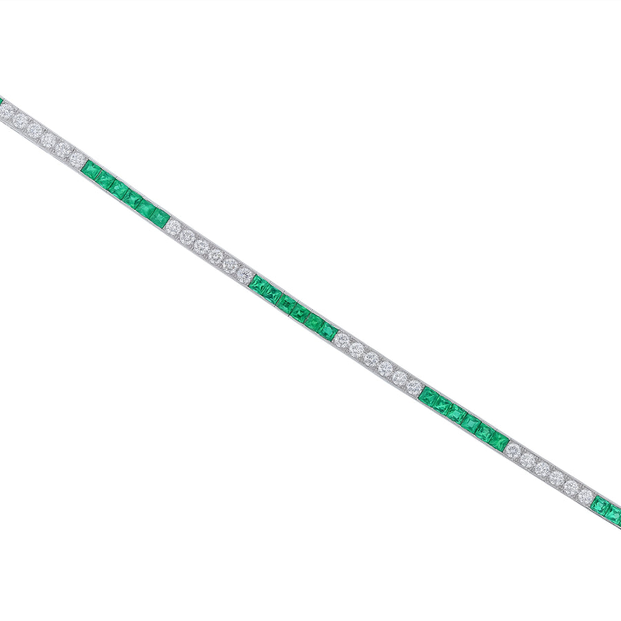 3.72ct Emerald and 2.364ct Diamond Alternating Line Bracelet in Platinum, 7.25"