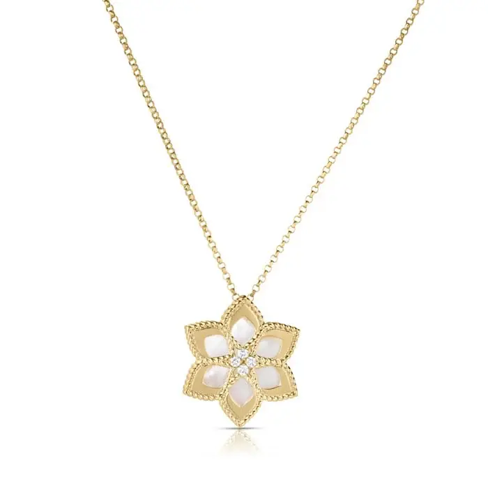 Vernazza 0.04ct Diamond and Mother of Pearl Daisy Pendant in 18K Yellow Gold, 18" chain