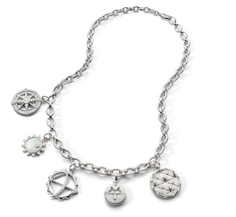 Audrey Link Necklace with Five Charm Station Necklace in Sterling Silver, 18"
