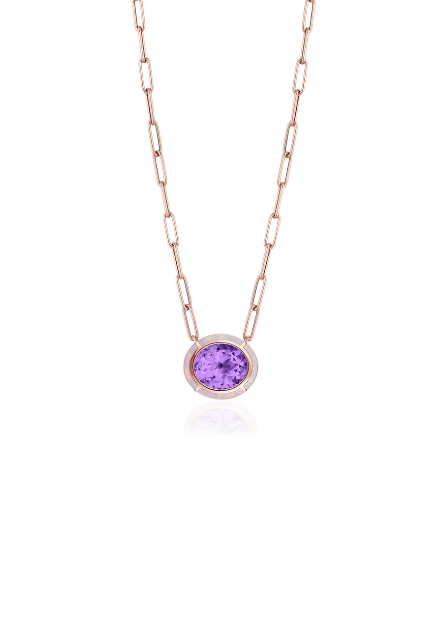 Melange 5.80ct Oval Amethyst and 1.03ct Pink Opal Pendant in 18K Yellow Gold, 16" chain