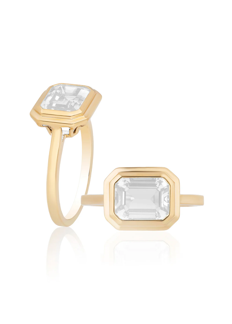 Manhattan 2.05ct Emerald Cut Moon Quartz Bezel Set Ring in 18K Yellow Gold, size 6.75
