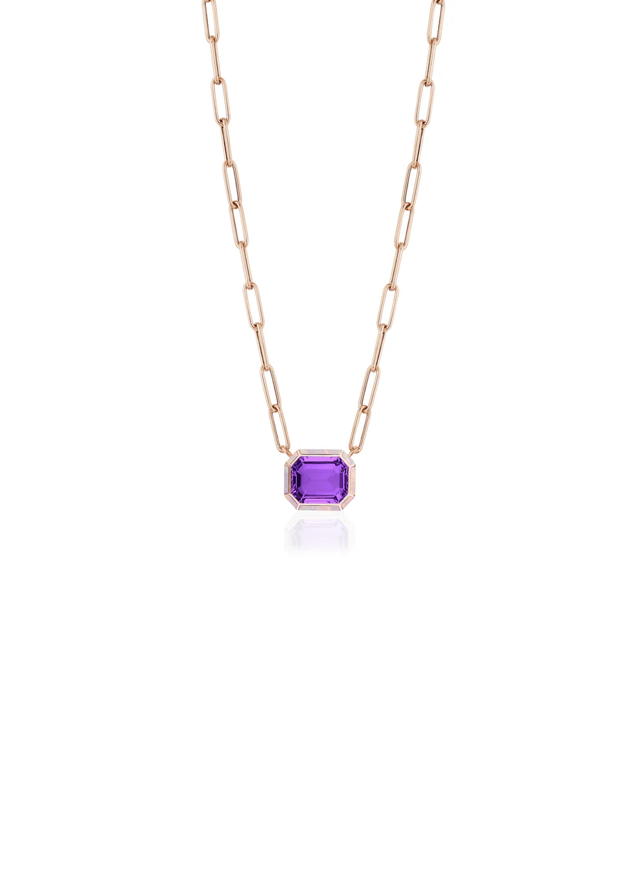 Melange 2.53ct Emerald Cut Amethyst and 0.51ct Pink Opal Pendant in 18K Rose Gold, 16" chain