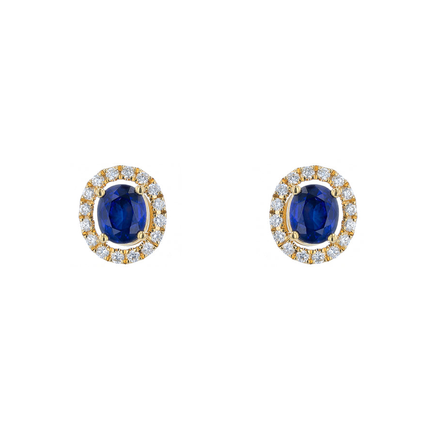 1.17ct Oval Sapphire and 0.19ct Diamond Halo Stud Earrings in 14K Yellow Gold