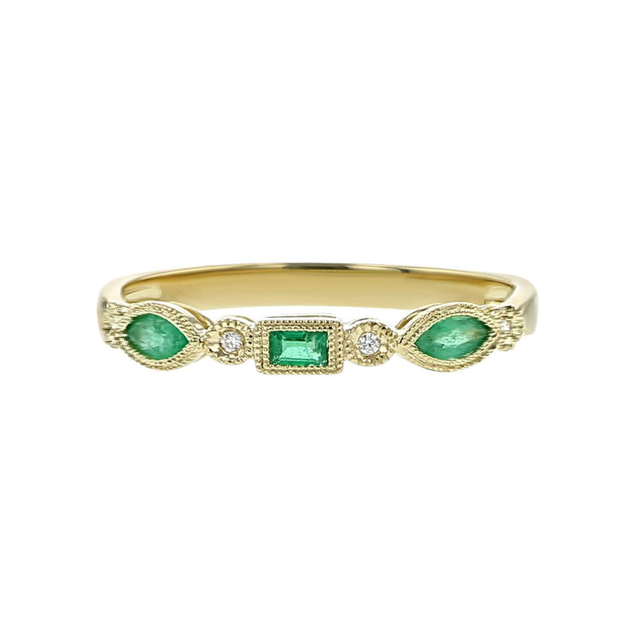 0.20ct Marquise and Baguette Emerald and 0.013ct Diamond Stack Band in 14K Yellow Gold, size 6.5