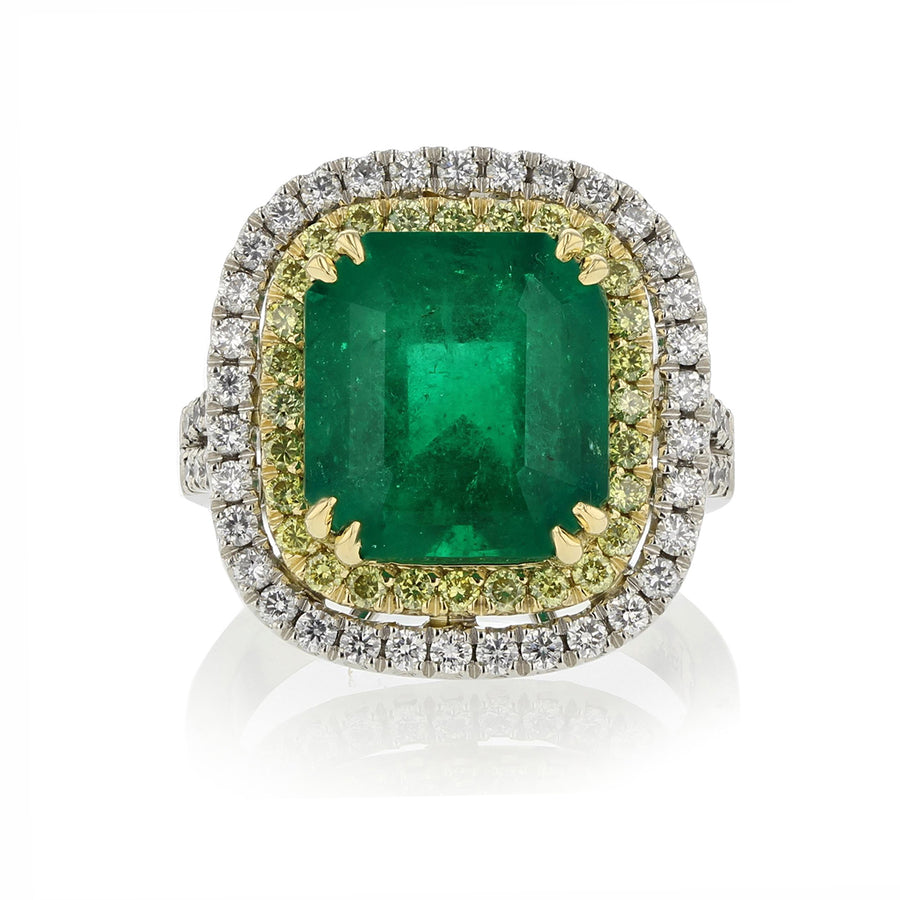 Colombian Emerald and Diamond Double Halo Ring
