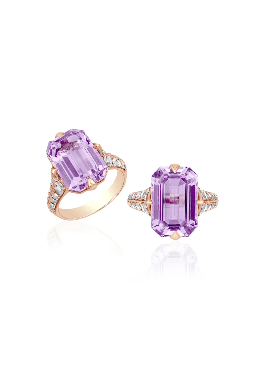 Rain Forest 7.57ct Emerald Cut Lavender Amethyst and 0.77ct Round Diamond Ring in 18K Rose Gold, size 6