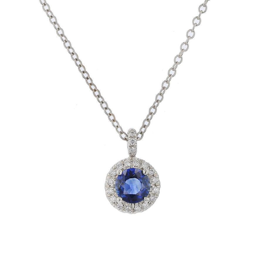 0.56ct Sapphire (Heated) and 0.09ct Diamond Halo Pendant in Platinum, 18" 18K White Gold chain