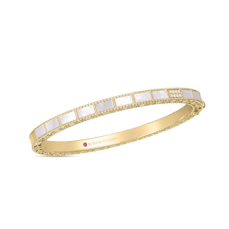 0.05Ct Diamond and Mother of Pearl Mosaic Accent Bangle Bracelet in 18k Yellow Gold