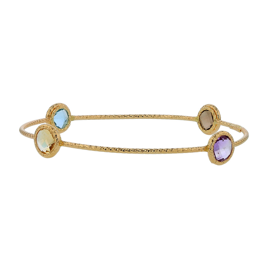 Checkerboard Round Quartz 4 Station Bangle Bracelet in 14K Yellow Gold