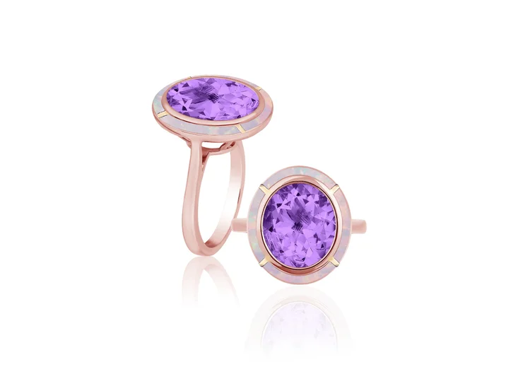 Melange 6.06ct Oval Amethyst and 1.12ct Pink Opal Ring in 18K Rose Gold, size 7