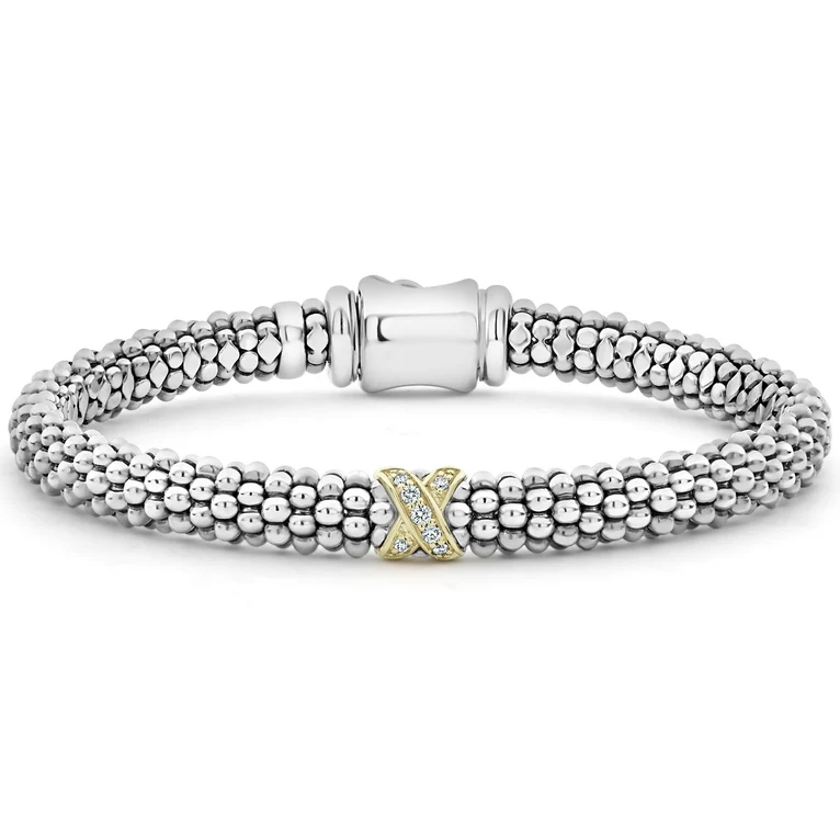 Embrace 0.07ct Diamond 6mm Single X Station Beaded Bracelet in 18K Yellow Gold and Sterling Silver, Size 7