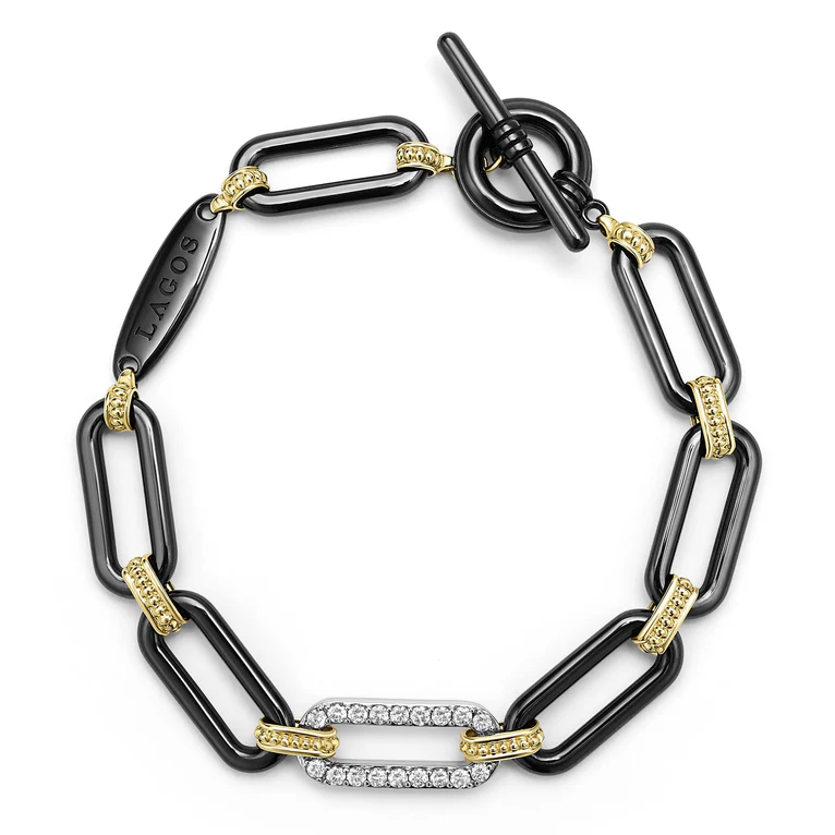 Caviar Black Ceramic and Diamond 20mm Oval Link Bracelet in 18K Yellow and White Gold with Toggle Clasp