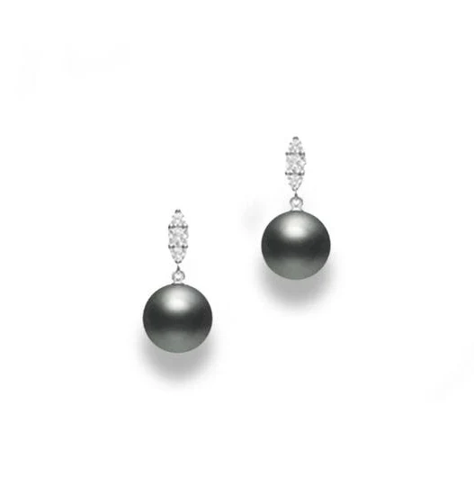 0.26Ct Diamond Black South Sea 9mm Pearl Drop Earrings in 18k White Gold