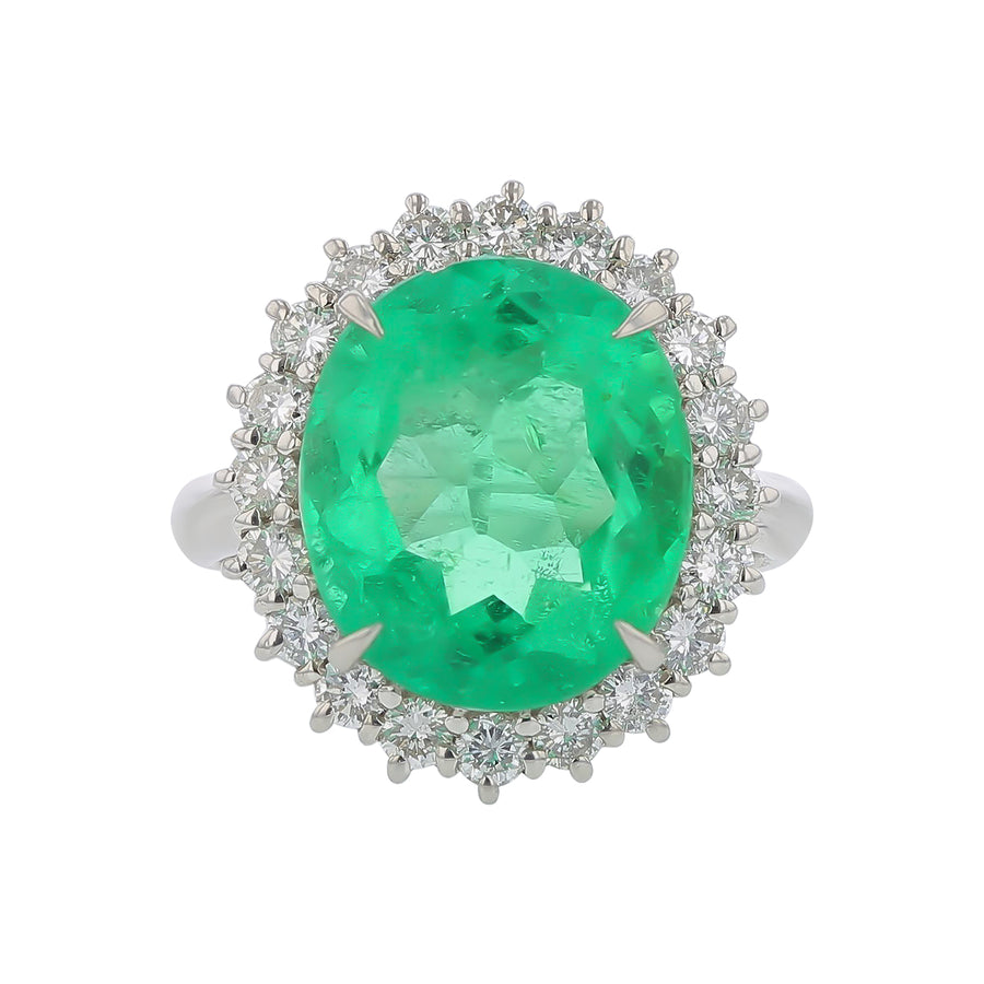 7.00ct Colombian Oval Emerald and 0.90ct Diamond Halo Ring in Platinum, Size 6.25