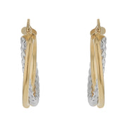 Plain and Twisted Intertwined Hoop Earrings in 14K Yellow and White Gold