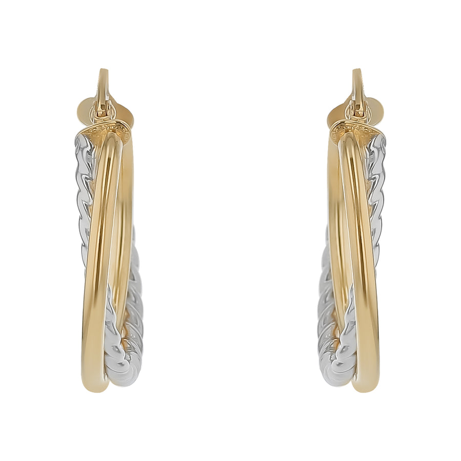 Plain and Twisted Intertwined Hoop Earrings in 14K Yellow and White Gold