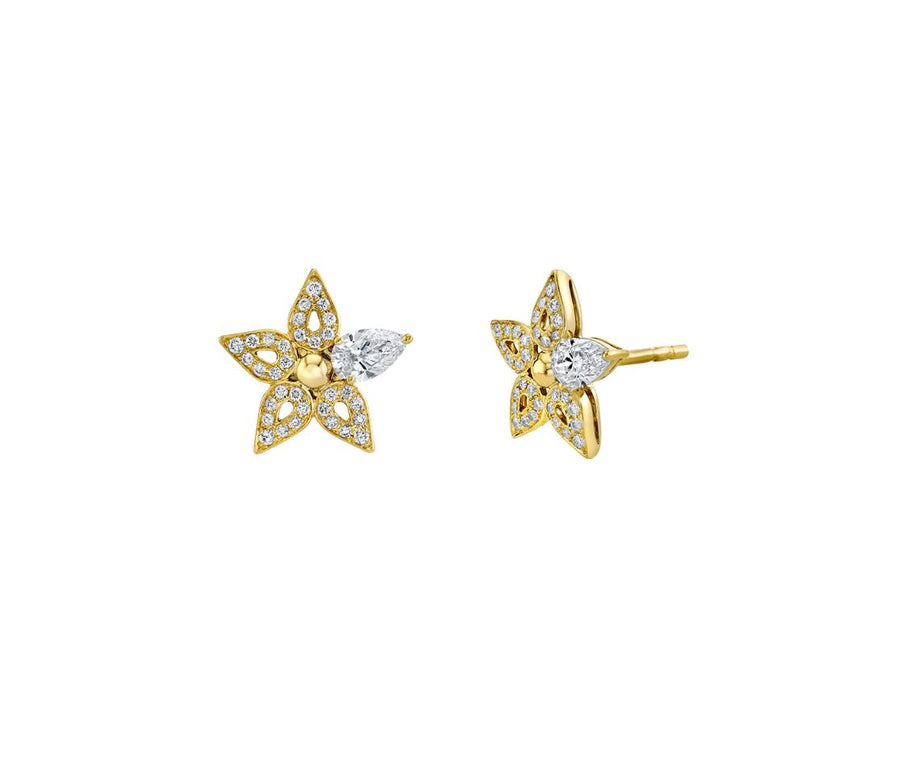 Lily Artisan Pave 0.38ct Pear Shape Diamond and 0.16ct Diamond Stud Earrings in 18K Yellow Gold